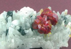 Realgar et pyrite sur quartz, Perou