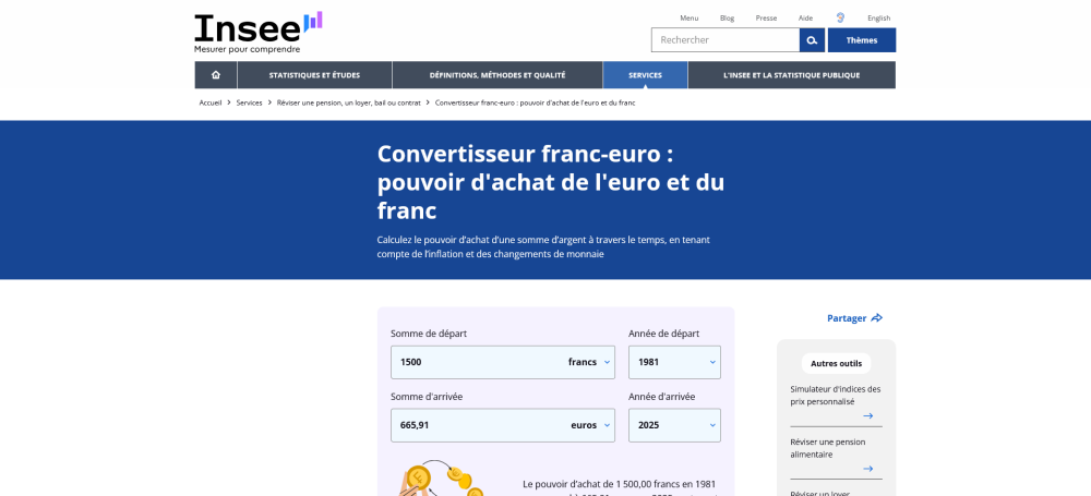 Convertisseur franc-euro pouvoir d'achat de l'euro et du franc Insee.png